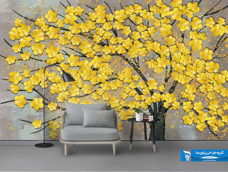 کاغذ دیواری درخت با گل های زرد