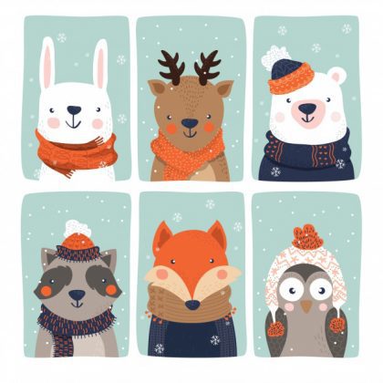 وکتور آماده مجموعه شش حیوان زیبا با لباس های زمستانی