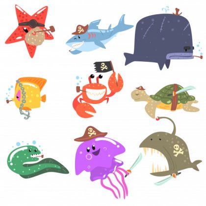 وکتور آماده مجموعه حیوانات دریایی زیر آب با تم دزدان دریایی شخصیت های کارتونی طنز