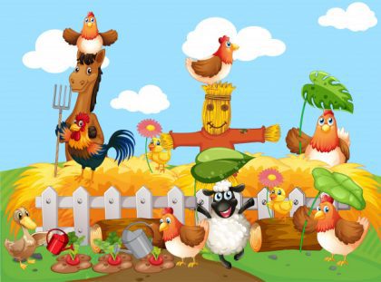 وکتور آماده صحنه ی مزرعه با شخصیت های کارتونی حیوانات