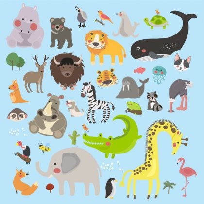 وکتور آماده مجموعه طراحی کودکانه حیوانات وحشی