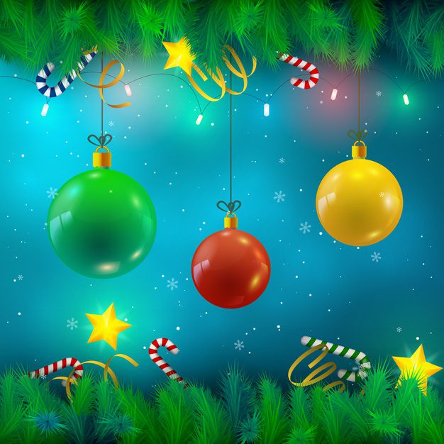 فایل آماده دانلود وکتور کریسمس شاخه های صنوبر روبان آب نبات ستاره حباب های رنگی تصویر برف