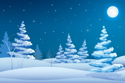 فایل psd وکتور منظره زمستان شب با درختان برفی ستاره ماه