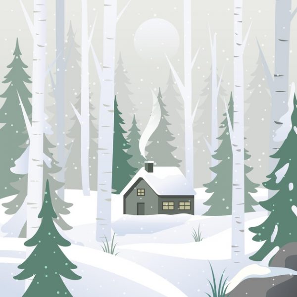 فایل psd وکتور منظره زیبای زمستانی جنگل و کلبه ی جنگلی