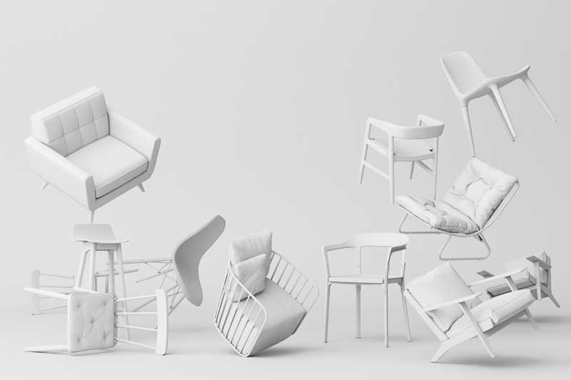 تصویر سه بعدی صندلی های معلق در فضای سفید