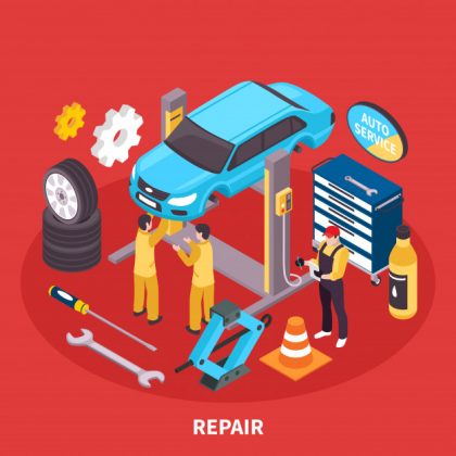 فایل psd وکتور خدمات تعمیرات خودرو تعمیرکار در حال تعمیر خودرو