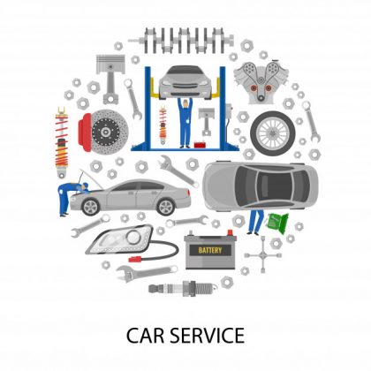 فایل آماده دانلود وکتور خدمات خودرو با ماشین مکانیک ابزار کار اجزای ماشین