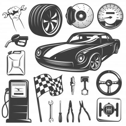 فایل psd وکتور گاراژ تعمیر اتومبیل مجموعه آیکون های سیاه و سفید ابزار و تجهیزات لوازم یدکی