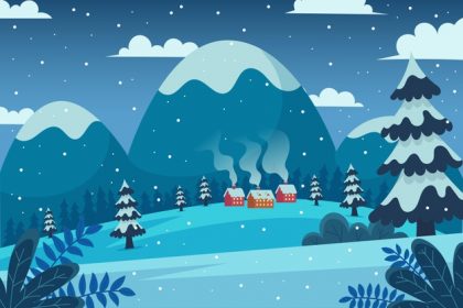 فایل psd وکتور منظره زمستان پوشیده از برف و خانه های شیروانی و جنگل و کوهستان