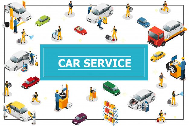 فایل psd وکتور خدمات اتومبیل با کارگران حرفه ای سرویس اتومبیل مدل های مختلف