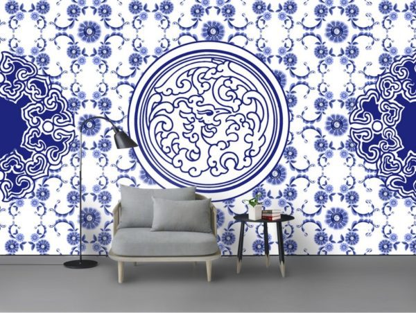 کاغذ دیواری طرح ظرف چینی کلاسیک آبی تیره و سفید