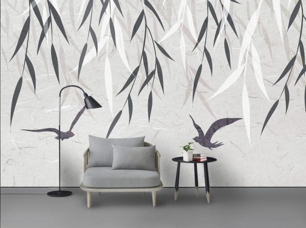 کاغذ دیواری مدرن پرندگان در حال پرواز و برگ های بید