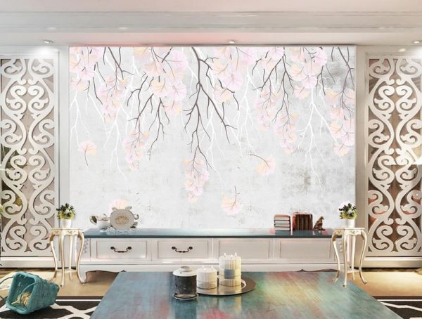 کاغذ دیواری پشت تلویزیون مدرن مینیمالیستی گل های رمانتیک
