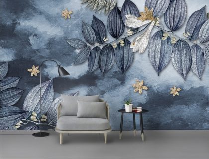 کاغذ دیواری با طراحی زیبای مدرن گل ها و برگ ها با جوهر آبی