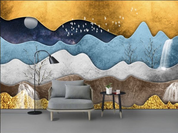 دانلود کاغذ دیواری شکل هندسی مدرن مینیمالیستی سه بعدی با رگه های فویل طلایی با اشکال انتزاعی درخت و آبشار و ماه