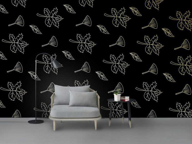 کاغذ دیواری سیاه و سفید و طلایی با نقش انواع برگ های پاییزی