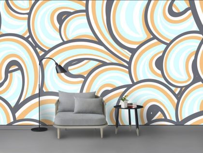 کاغذ دیواری طرح امواج با خطوط آبی و نارنجی و سفید و خاکستری