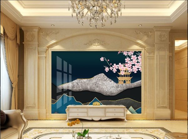 کاغذ دیواری منظره شکوفه هلو و منظره سبک چینی