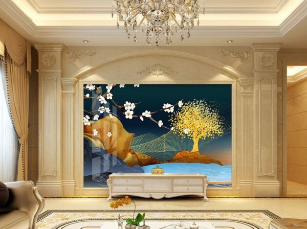 کاغذ دیواری مفهومی منظره شب و شکوفه و درحت طلایی افکت برجسته سبک چینی
