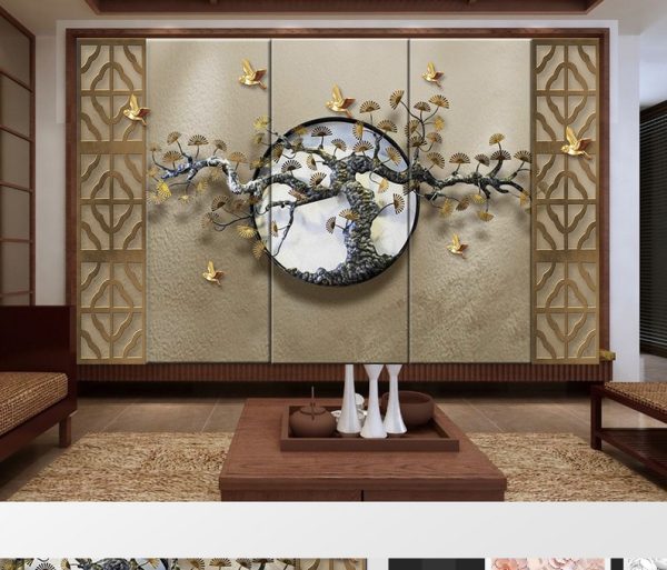 کاغذ دیواری طرح پنجره های دایره ای چوبی و درخت و پرنده برجسته سبک چینی