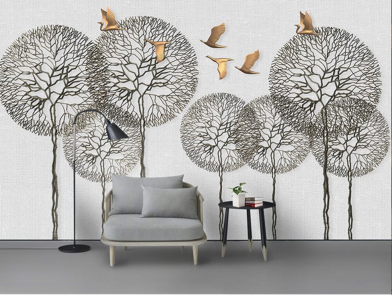 کاغذ دیواری طرح درختان قاصدکی و پرندگان به سبک مینیمالیستی مدرن