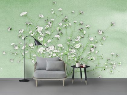 کاغذ دیواری سه بعدی سبز رنگ شاخه پر از گل