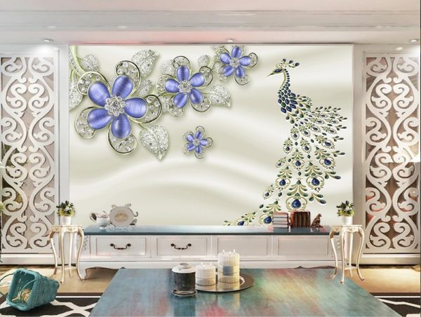 کاغذ دیواری طرح طاووس و گل های جواهر بنفش سه بعدی