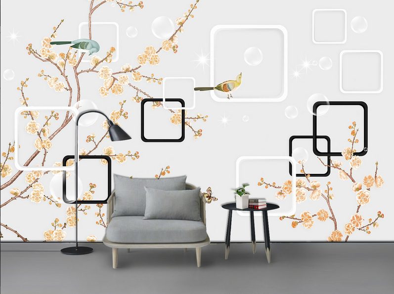 کاغذ دیواری طرح درخت شکوفه و پرنده ها روی قاب های مربعی
