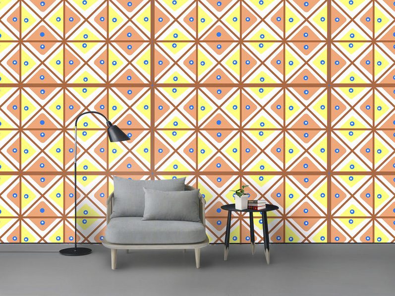 کاغذ دیواری طرح هندسی لوزی شکل به رنگ نارنجی و زرد