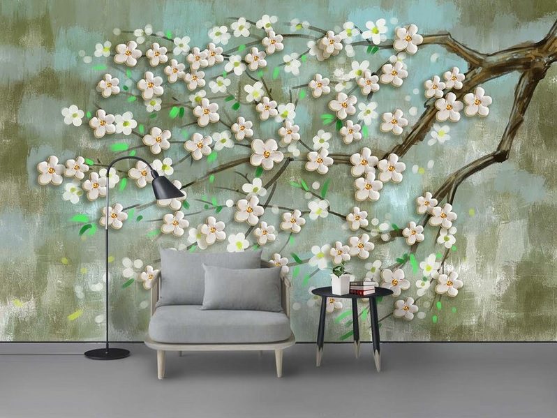 کاغذ دیواری طرح مدرن نقاشی رنگ روغن شکوفه های بهاری