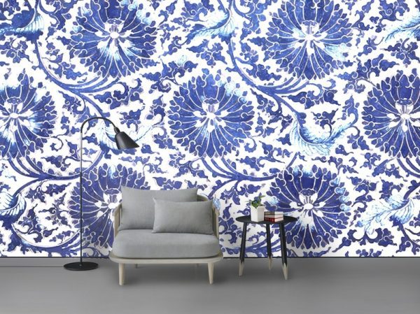 کاغذ دیواری با الگوی گل های آبرنگی آبی سورمه ای