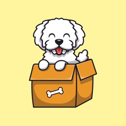 وکتور کارتونی طرح سگ ملوس سفید داخل جعبه