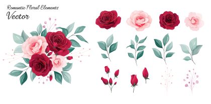 وکتور مجموعه کلکسیون گل های رز قرمز و صورتی