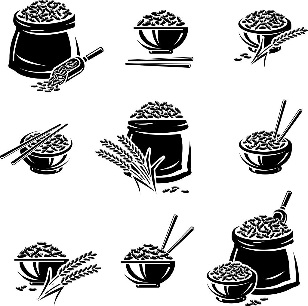 وکتور مجموعه لوگو کیسه و ظرف و خوشه برنج
